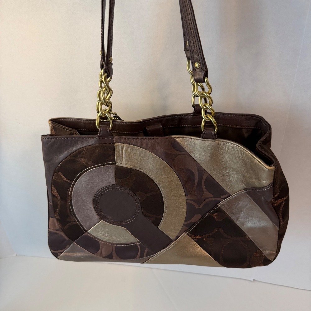Coach Madison Op Art Patchwork Tote Bag Brown Bronze Metallic Leather